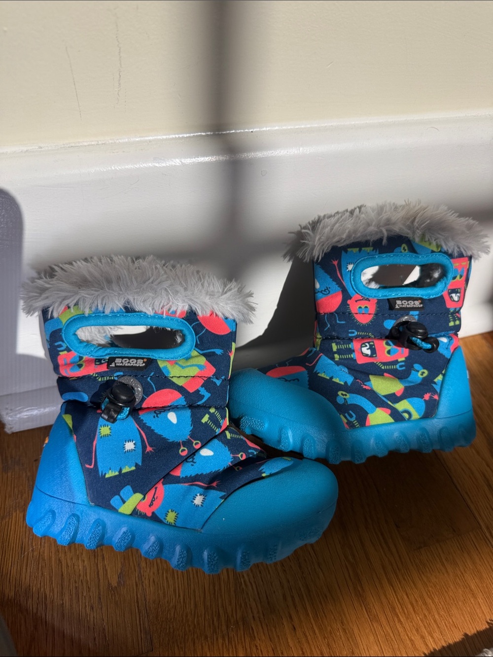 Bogs Baby/Kids Blue Monster-Pattern Winter Boots with Faux Fur Trim